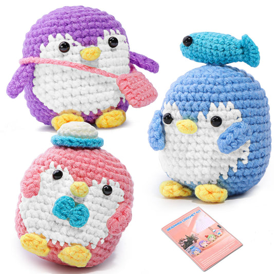 3 Pack Crochet Kit, Penguin Crochet Kit for Beginners, Step-by-Step Video Tutorials, Complete Crochet Animal Kit, Knitting Kit for Beginner DIY Craft Art-Blue, Purple and Pink