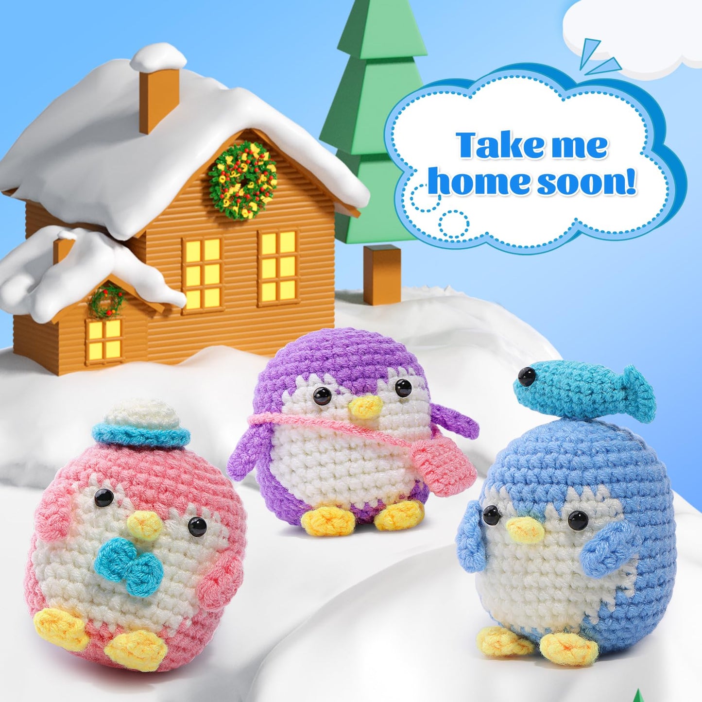 3 Pack Crochet Kit, Penguin Crochet Kit for Beginners, Step-by-Step Video Tutorials, Complete Crochet Animal Kit, Knitting Kit for Beginner DIY Craft Art-Blue, Purple and Pink