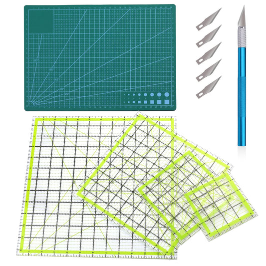 5 Pack Quilting Ruler, A4 Self Healing Cutting Mat, 4 Size Square Quilting Rulers Fabric Cutting Ruler Acrylic Quilters Rulers Clear Mark for Quilting and Sewing