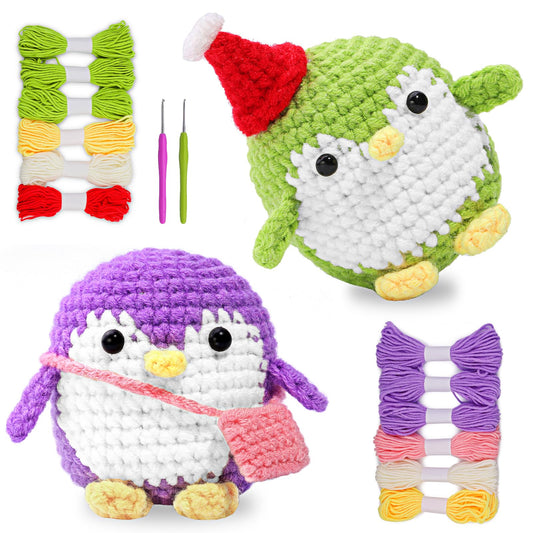 2 Pack Crochet Kit, Penguin Crochet Kit for Beginners, Step-by-Step Video Tutorials, Complete Crochet Animal Kit, Knitting Kit for Beginner DIY Craft Art-Purple and Green